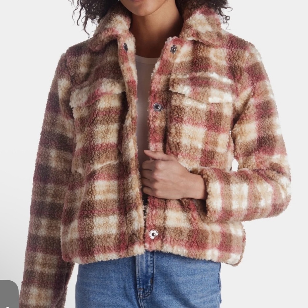 Avec Les Filles Plaid Faux Shearling Trucker Jacket XS Teddy Sherpa Oversized - Picture 8 of 12